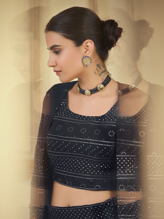 Dark Blue Embroidered Georgette Semi Stitched Lehenga With Unstitched Blouse Clothsvilla