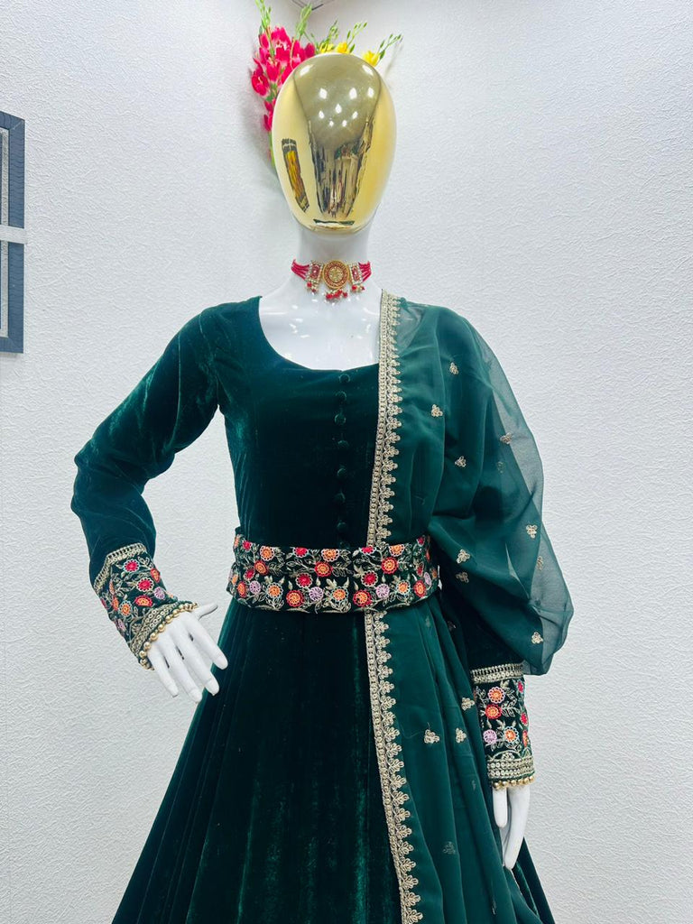 Embroidery Sequence with Moti Work Green Color Velvet Gown - Embroidery Sequence with Moti Work Green Color Velvet Gown -