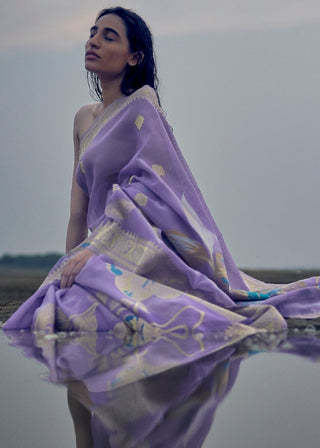 Lavender Woven Linen Silk Saree with Floral Motif on Pallu and Border Clothsvilla