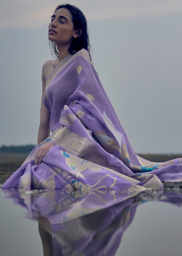 Lavender Woven Linen Silk Saree with Floral Motif on Pallu and Border Clothsvilla