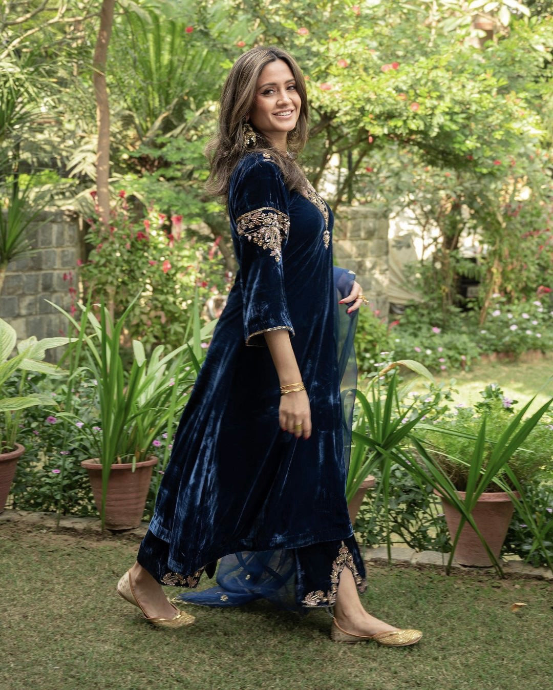 Charming Blue Color Embroidery Sequence Velvet Palazzo Suit Clothsvilla