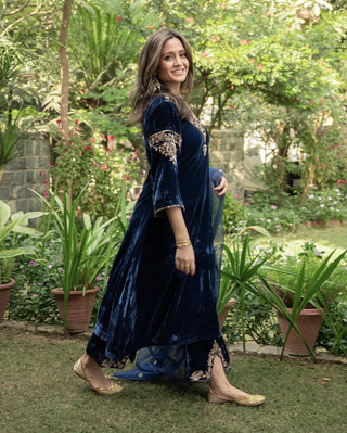 Charming Blue Color Embroidery Sequence Velvet Palazzo Suit Clothsvilla