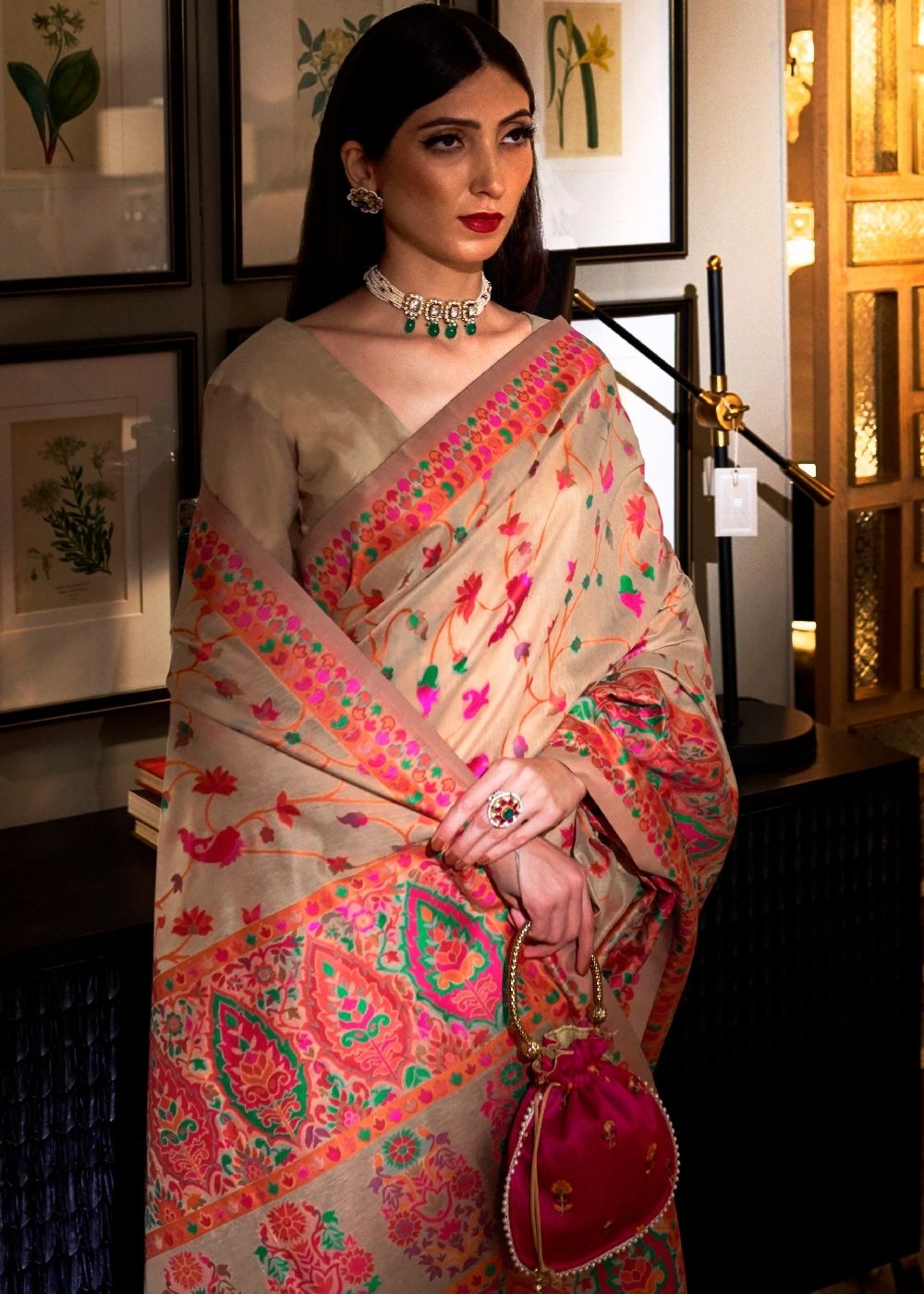 Linen Beige Banarasi Jamawar Woven Silk Saree : Top Pick Clothsvilla