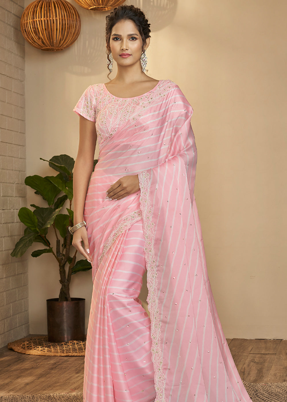 BABY PINK WOVEN SATIN SILK SAREE Clothsvilla