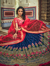 Load image into Gallery viewer, Dark Blue Embroidered Soft Net Semi Stitched Lehenga With Unstitched Blouse Clothsvilla