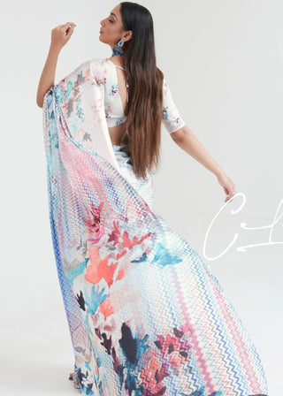 Daisy White & Blue Satin Silk Digital Printed Saree Clothsvilla
