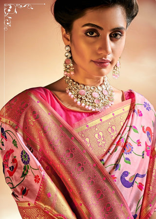 Taffy Pink Woven Banarasi Paithani Silk Saree Clothsvilla