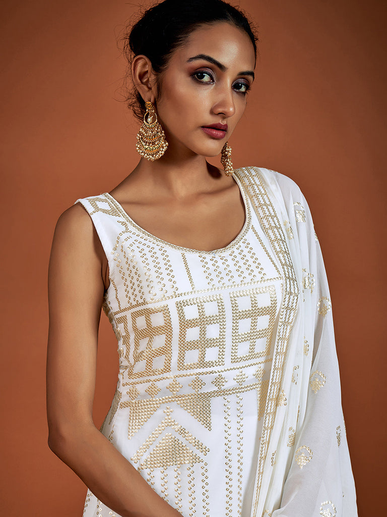 Classic White Embroidered Georgette Partywear Stitched Kurta Set Clothsvilla