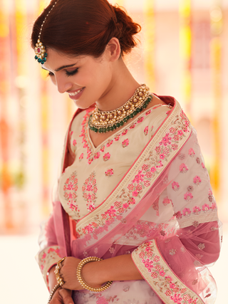 Beige Embroidered Crepe Semi Stitched Lehenga With Unstitched Blouse Clothsvilla