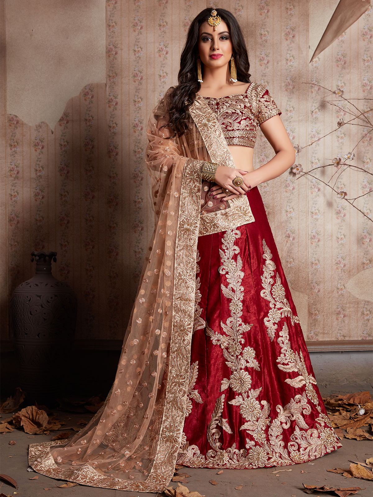 Maroon Embroidered Semi Stitched Lehenga With Unstitched Blouse Clothsvilla Main image