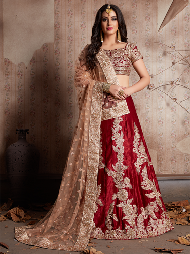 Maroon Embroidered Semi Stitched Lehenga With Unstitched Blouse Clothsvilla