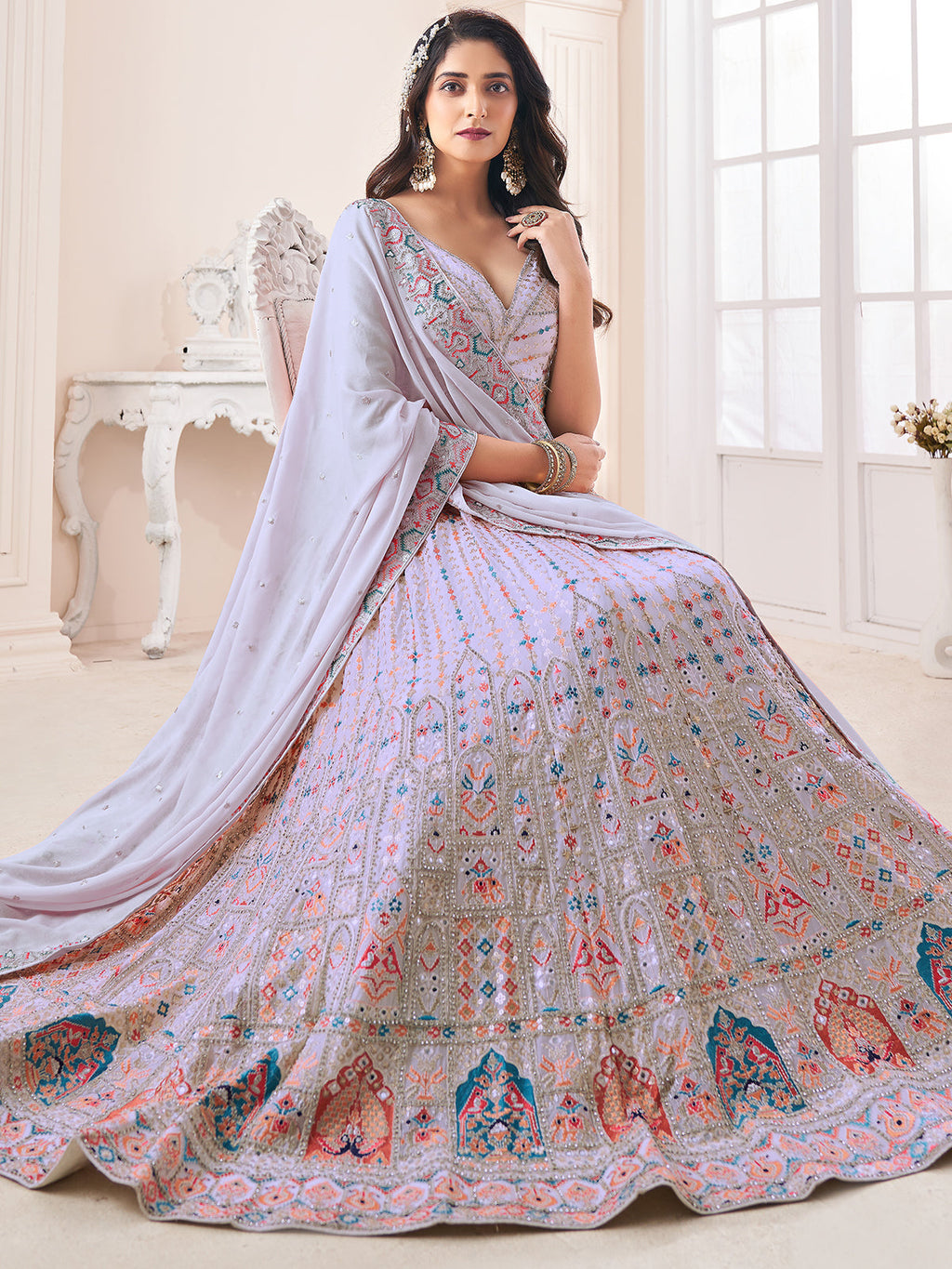 Light Purple Georgette Embellished Semi Stitched Lehenga Choli Clothsvilla