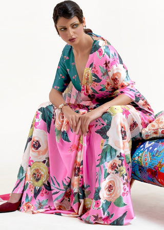 Creamy Pink Digital Printed Satin Crepe Saree Clothsvilla