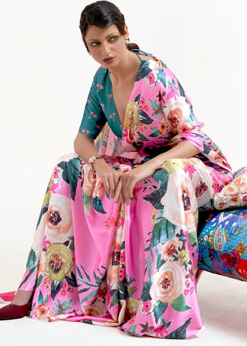 Creamy Pink Digital Printed Satin Crepe Saree Clothsvilla