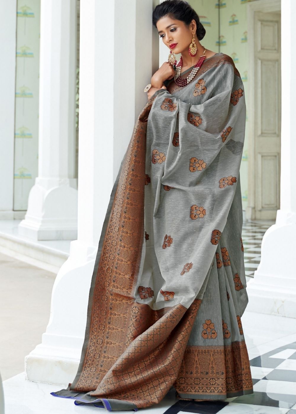 Smoke Grey Woven Linen Silk Saree with Butti overall Secondary image