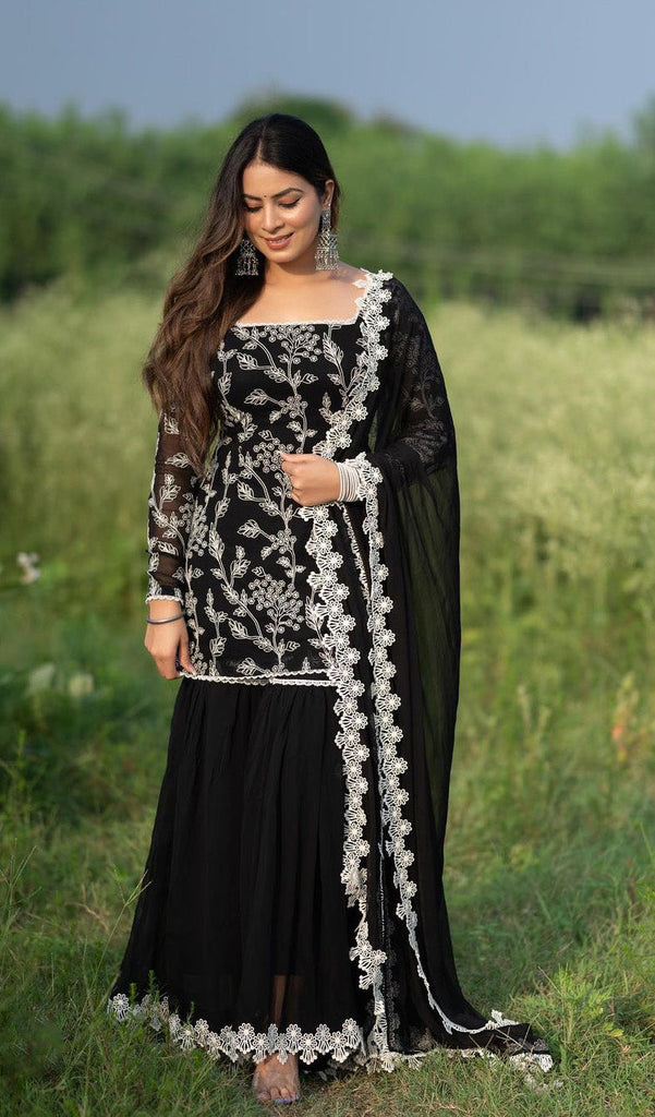 Exclusive Black Color Thread Work Sharara Suit Clothsvilla
