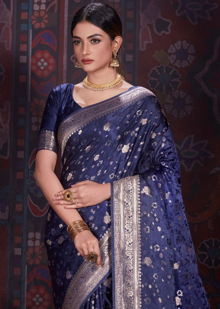 Oxford Blue Zari Woven Satin Silk Saree Clothsvilla