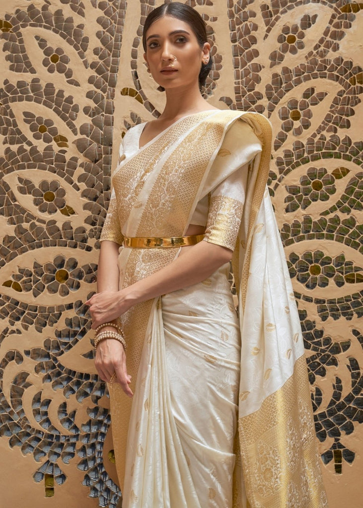 Ivory White Kanjivaram Silk Saree - Shaaola.com