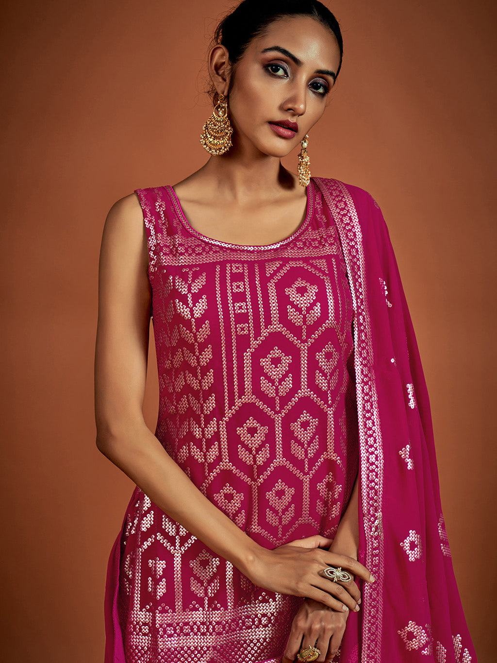 Magenta Embroidered Georgette Partywear Stitched Kurta Set Clothsvilla