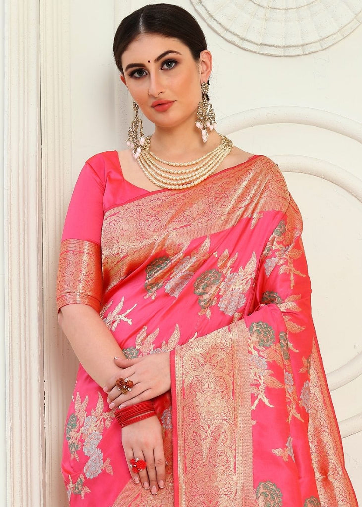 Strawberry Pink Zari Woven Banarasi Silk Saree Clothsvilla