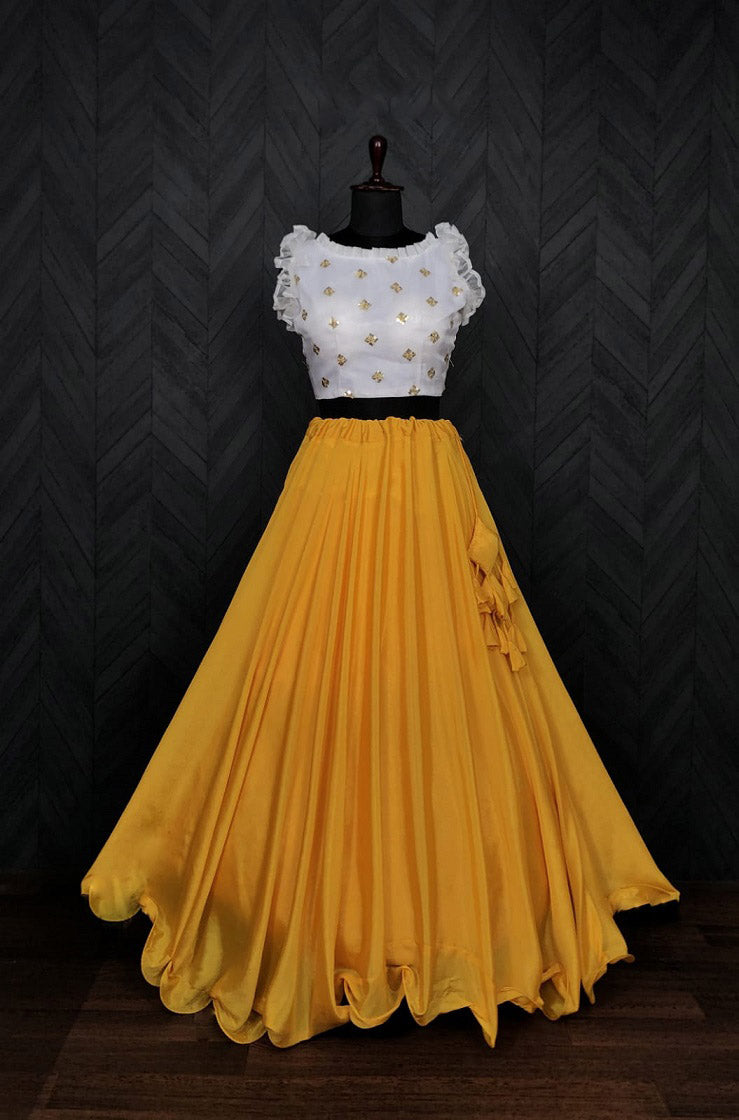 Party Wear Yellow Color Sleeveless Lehenga With Blouse Main image