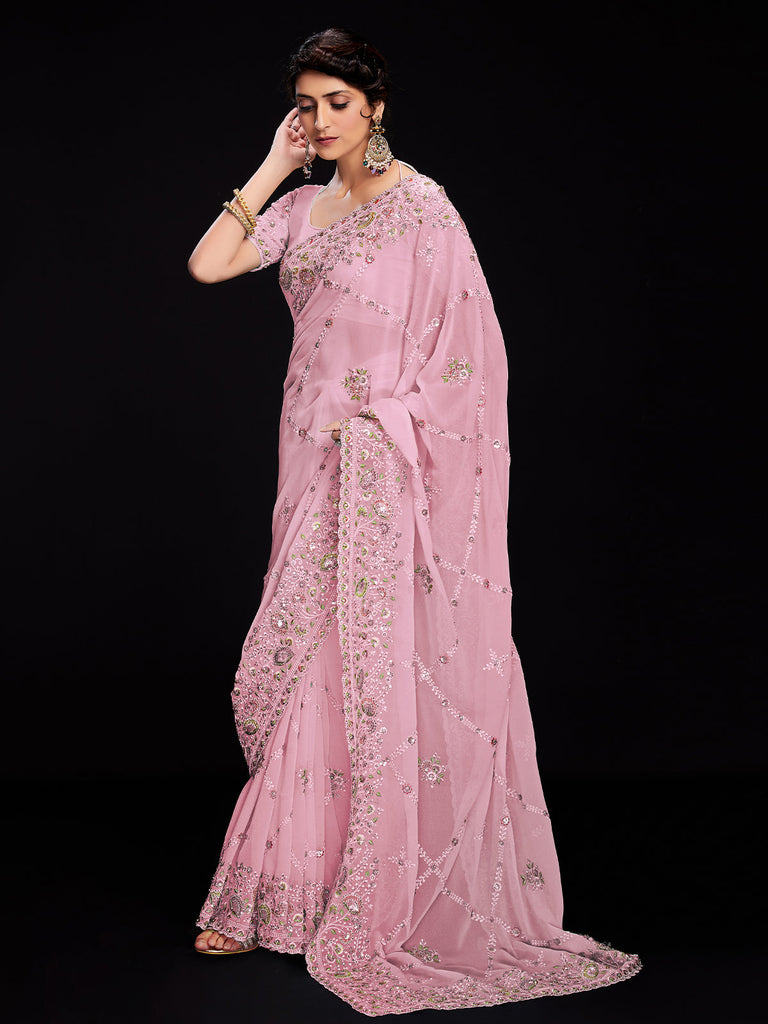 Pink Georgette Embroidered Saree With Unstitched Blouse Clothsvilla