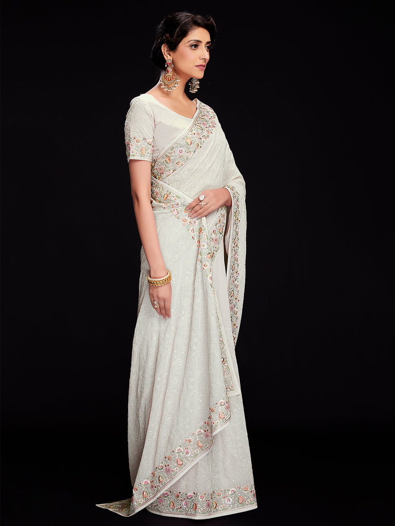 White Georgette Embroidered Saree With Unstitched Blouse Clothsvilla