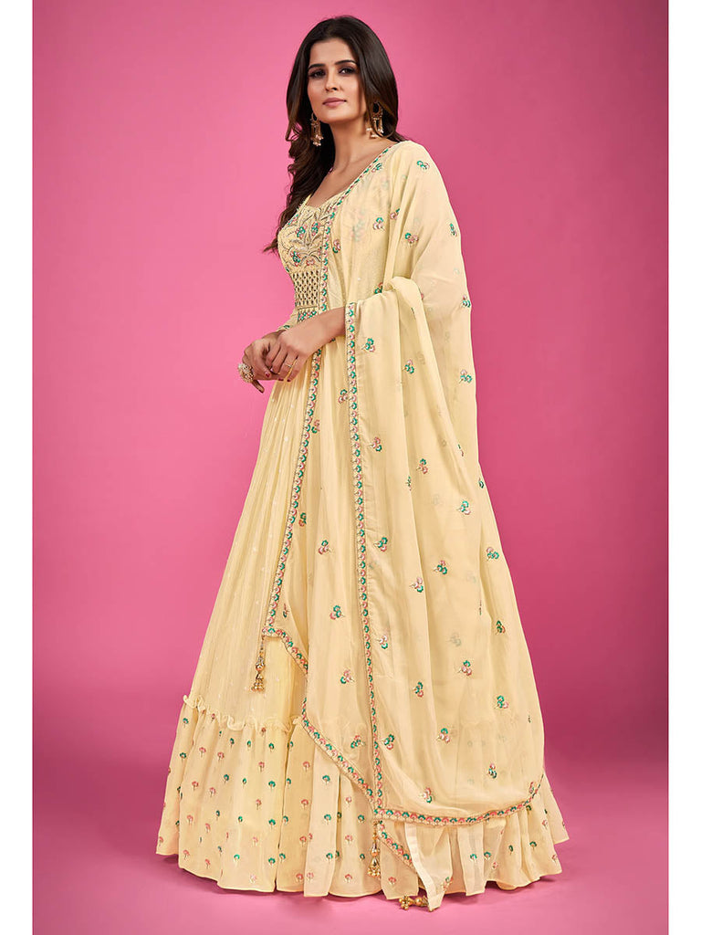 Yellow Pure Georgette Embroidered Gown Clothsvilla