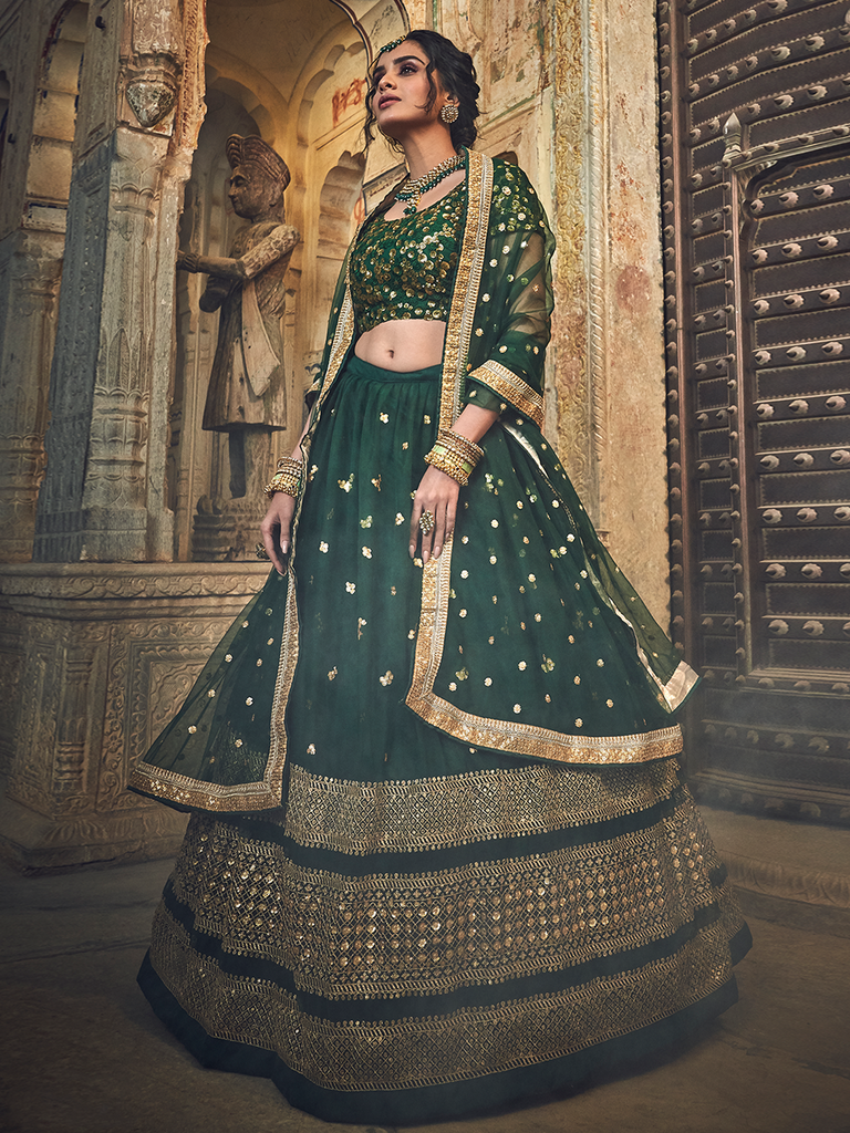 Green Embroidered Soft Net Semi Stitched Lehenga With Unstitched Blouse Clothsvilla