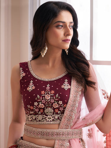 Beautiful Maroon And Pink Color Art Silk Semi Stitched Lehenga With Blouse Peice Clothsvilla