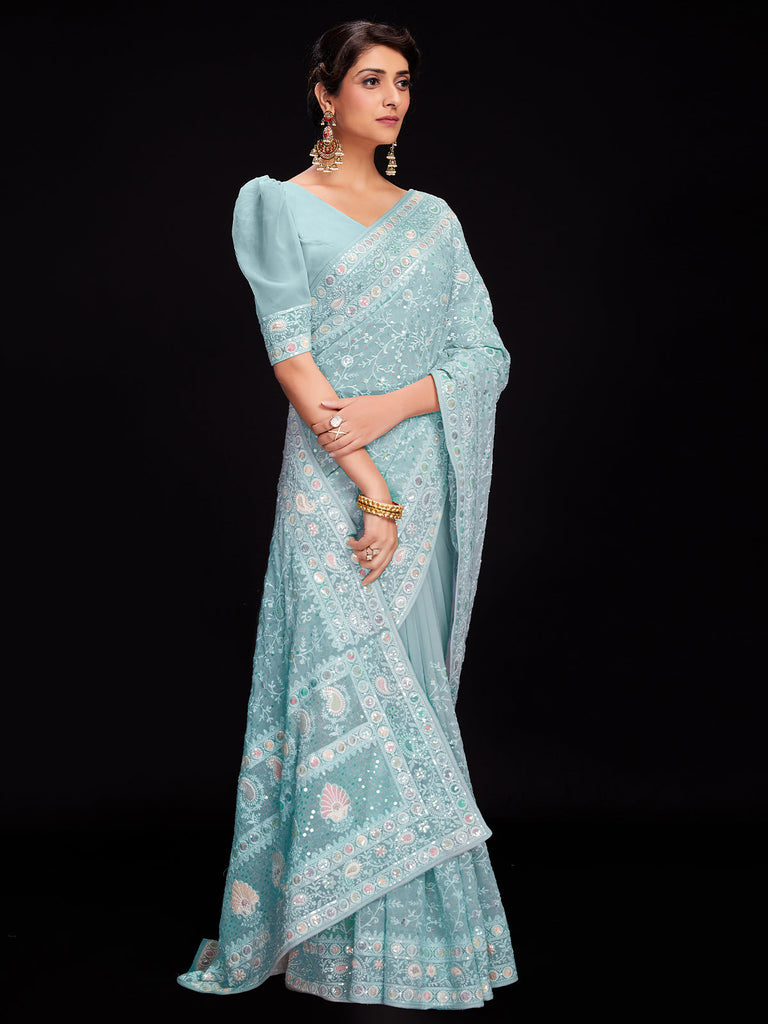Blue Georgette Embroidered Saree With Unstitched Blouse Clothsvilla