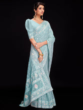 Load image into Gallery viewer, Blue Georgette Embroidered Saree With Unstitched Blouse Clothsvilla