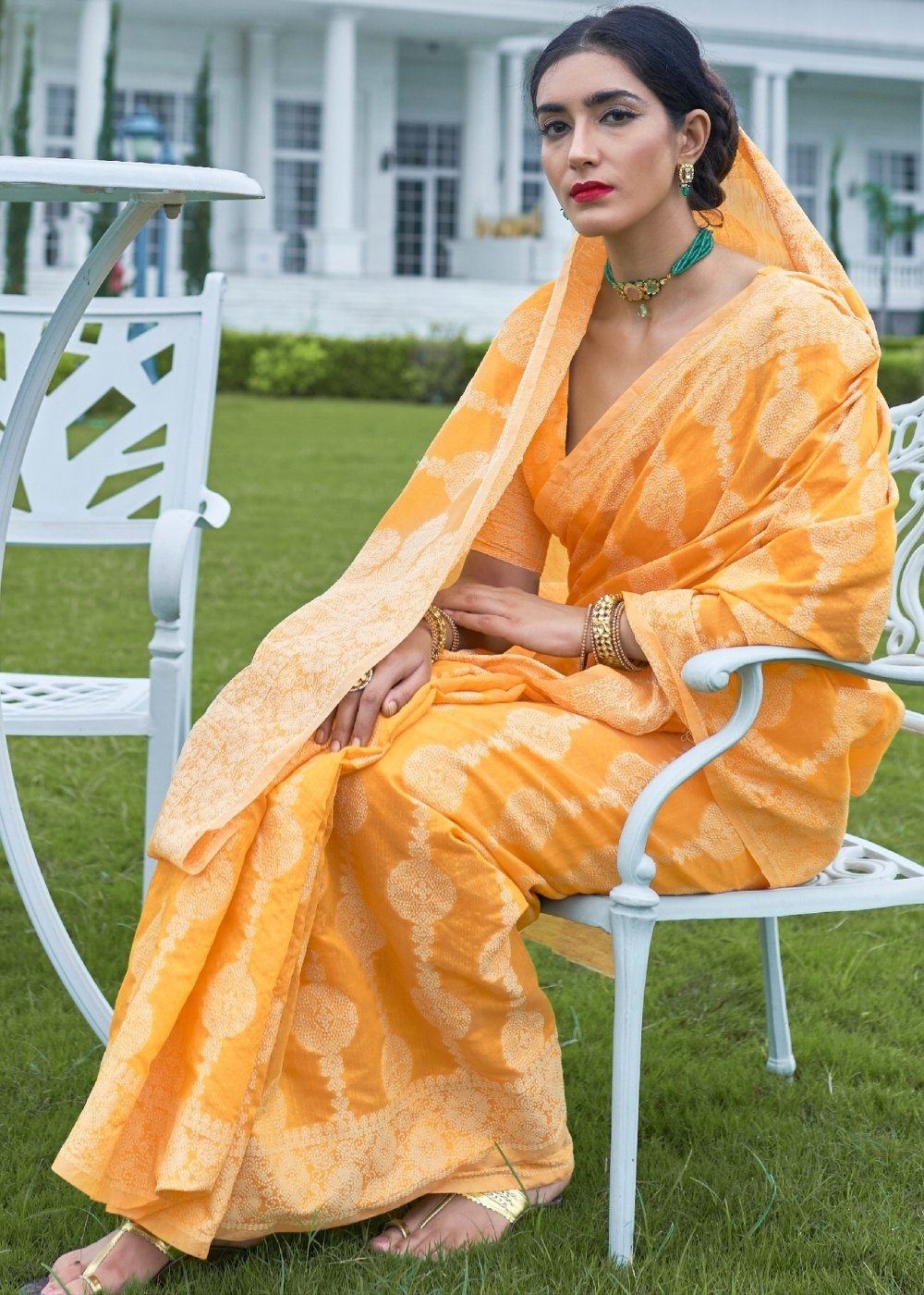 Amber Yellow Lucknowi Chikankari Weaving Silk Saree Secondary image