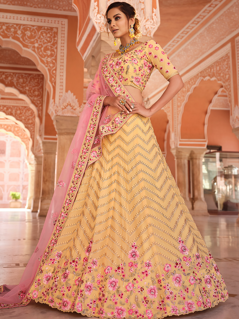 Yellow Embroidered Georgette Semi Stitched Lehenga With Unstitched Blouse Clothsvilla