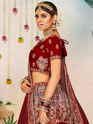 Maroon Velvet Semi Stitched Lehenga With Unstitched Blouse Clothsvilla