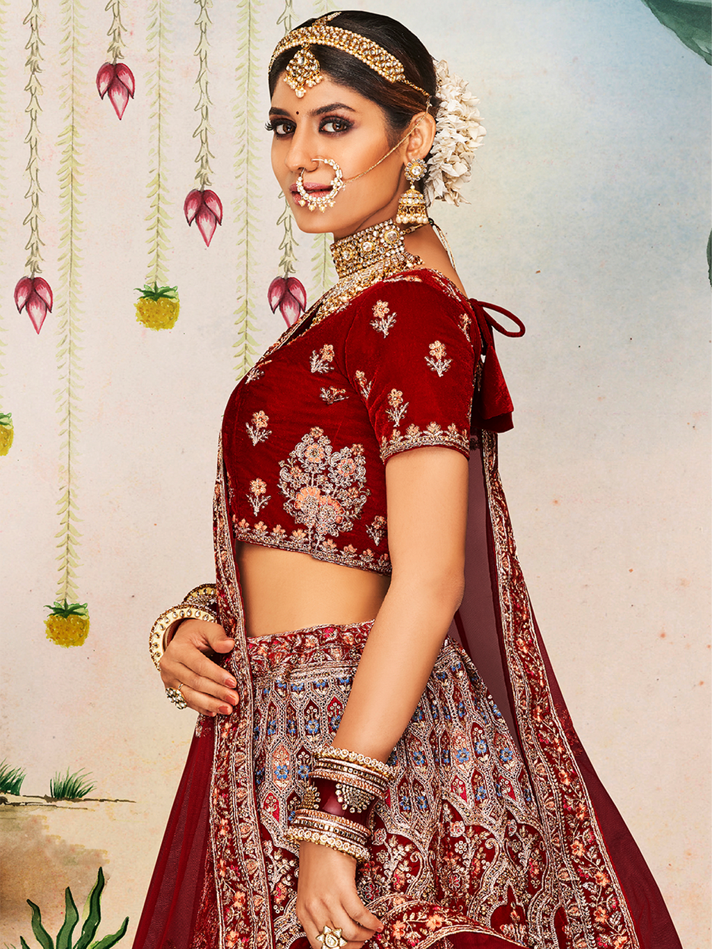 Maroon Velvet Semi Stitched Lehenga With Unstitched Blouse Clothsvilla