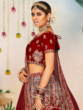 Load image into Gallery viewer, Maroon Velvet Semi Stitched Lehenga With Unstitched Blouse Clothsvilla