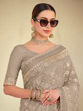 Load image into Gallery viewer, Grey Satin Georgette Saree With Unstitched Blouse Clothsvilla