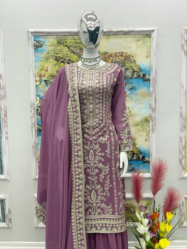 Glorious Dusty Pink Color Embroidered Sharara Suit Clothsvilla