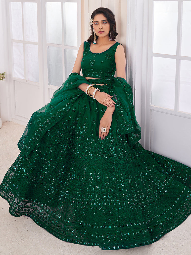 Green Soft Net Embroidered Semi Stitched Lehenga Choli Clothsvilla