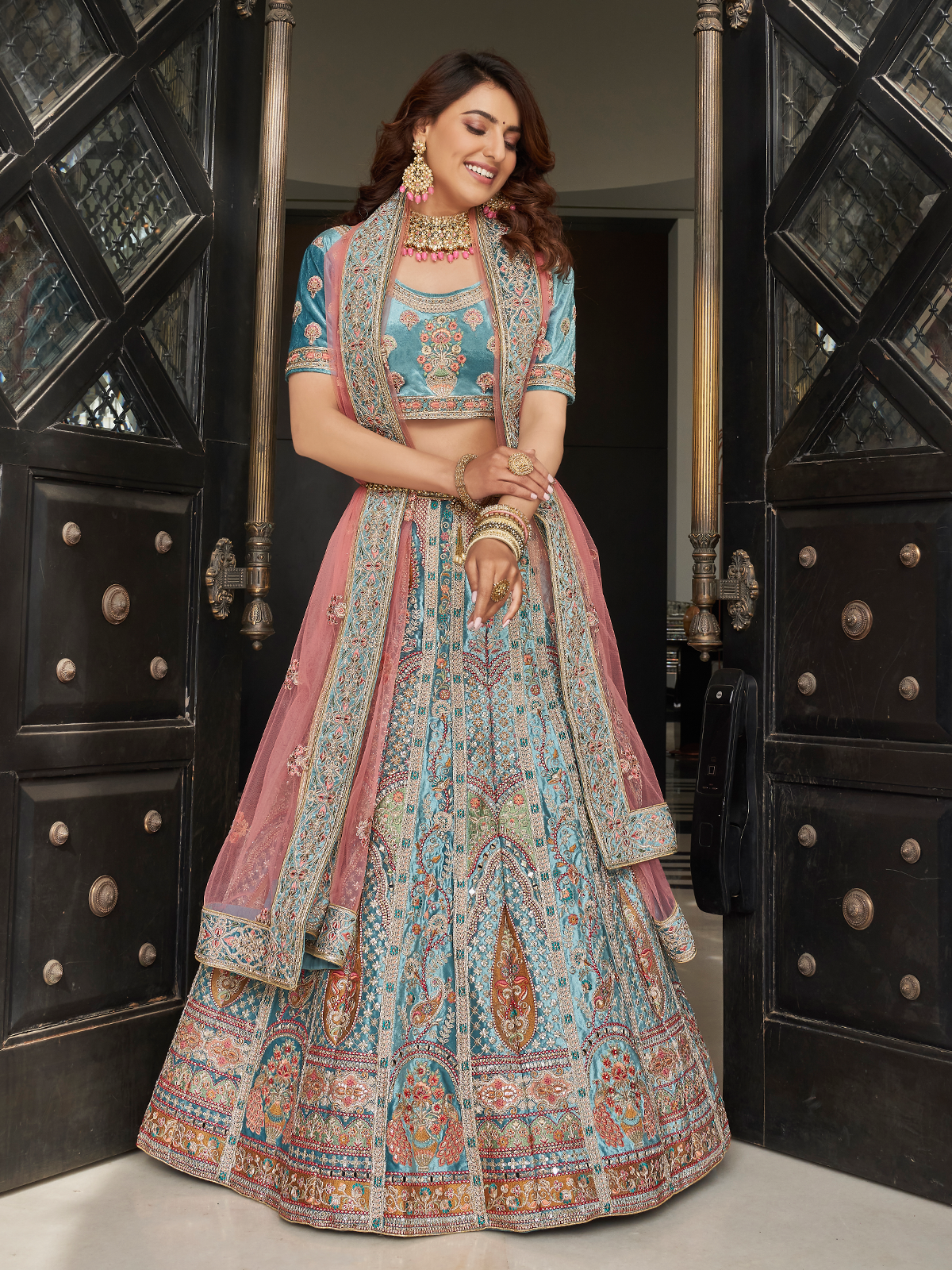 Sky Blue Velvet Semi Stitched Lehenga With Unstitched Blouse Clothsvilla
