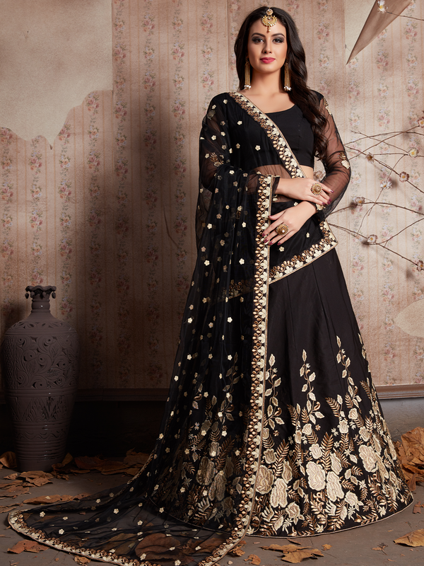 Black Embroidered Semi Stitched Lehenga With Unstitched Blouse Clothsvilla