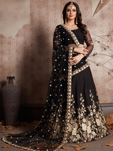 Black Embroidered Semi Stitched Lehenga With Unstitched Blouse Clothsvilla
