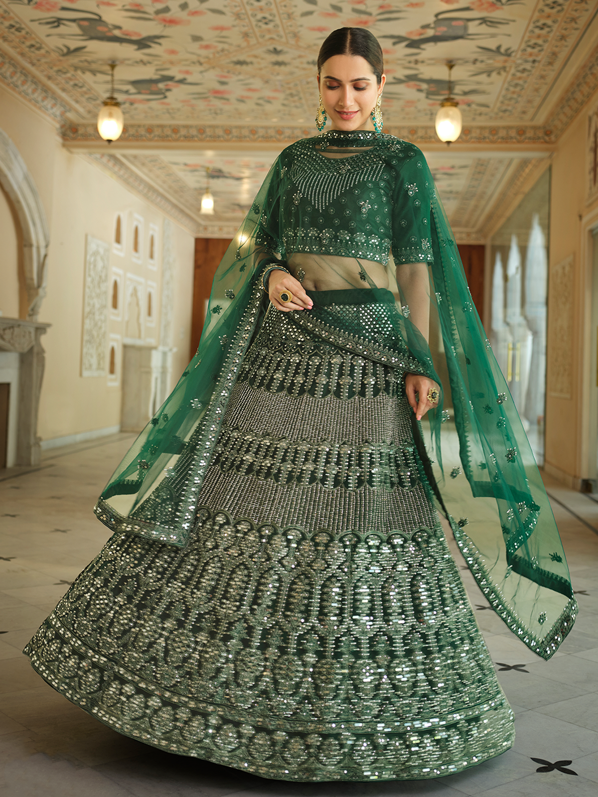 Green Embroidered Soft Net Semi Stitched Lehenga With Unstitched Blouse Clothsvilla Main image