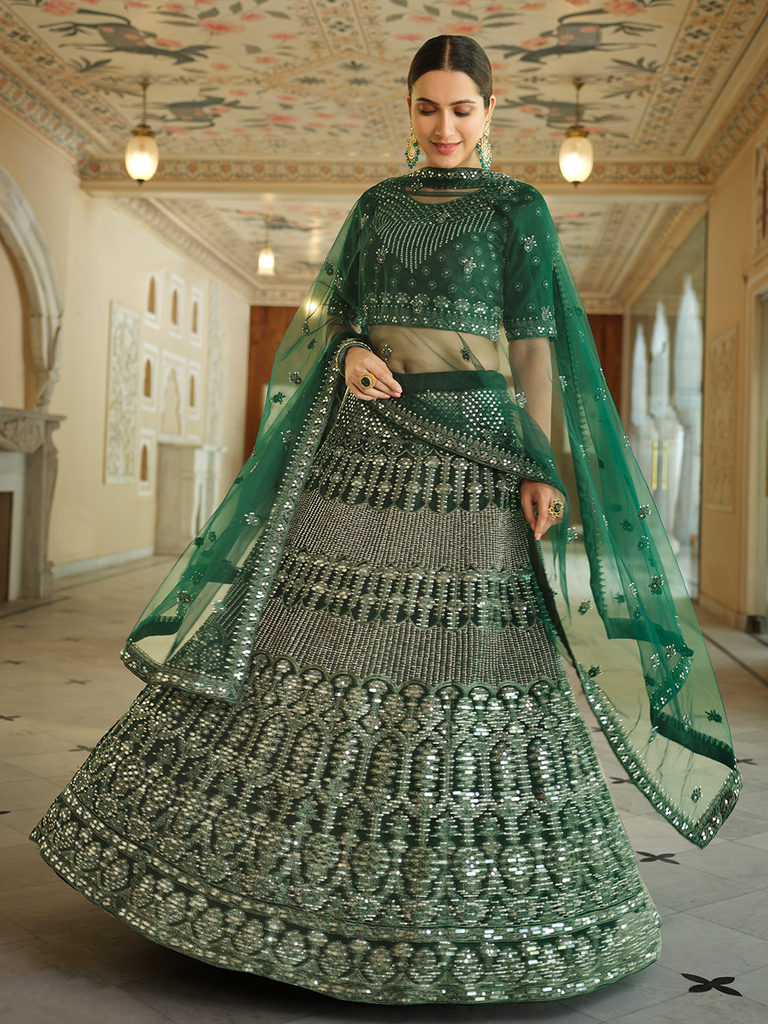 Green Embroidered Soft Net Semi Stitched Lehenga With Unstitched Blouse Clothsvilla