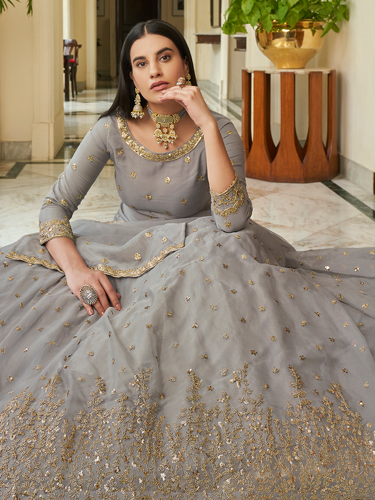 Grey Embroidered Semi Stitched Lehenga With Unstitched Blouse Clothsvilla