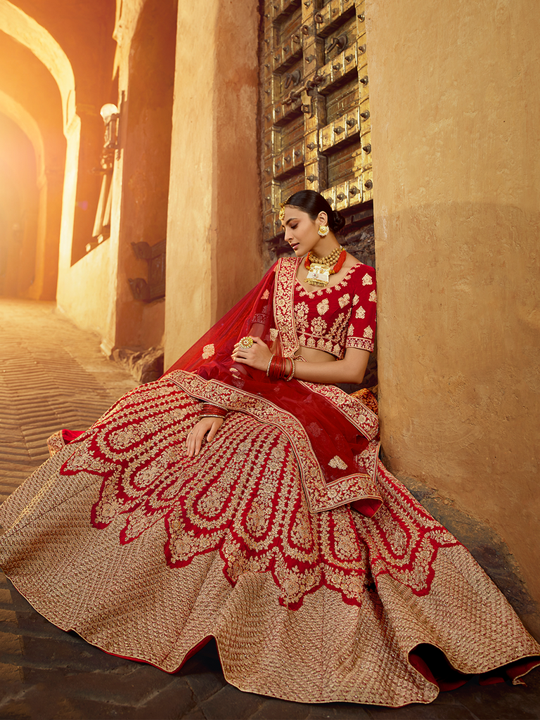 Red Embroidered Velvet Semi Stitched Lehenga With Unstitched Blouse Clothsvilla