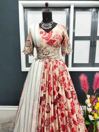 Digital Printed Off-white And Red Embroidery Work Gown Clothsvilla