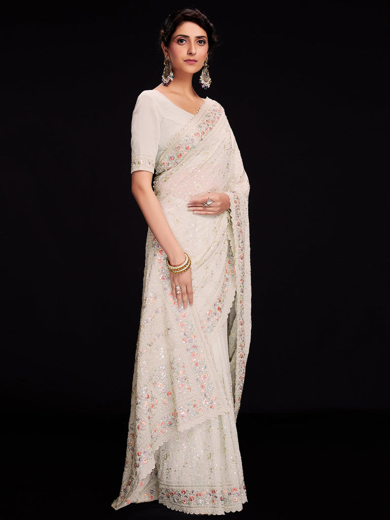 White Georgette Embroidered Saree With Unstitched Blouse Clothsvilla