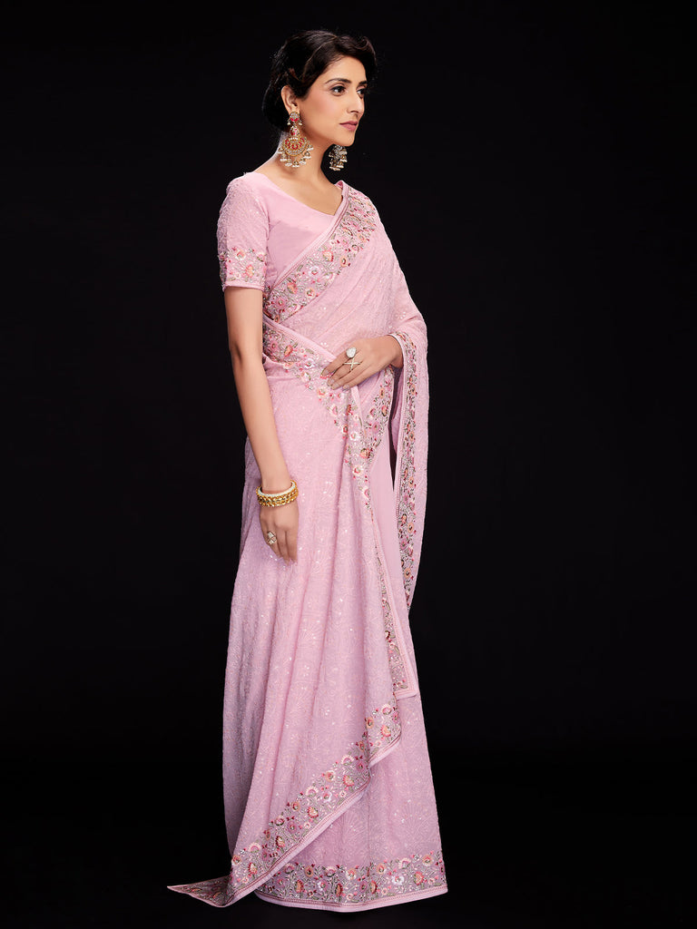 Pink Georgette Embroidered Saree With Unstitched Blouse Clothsvilla